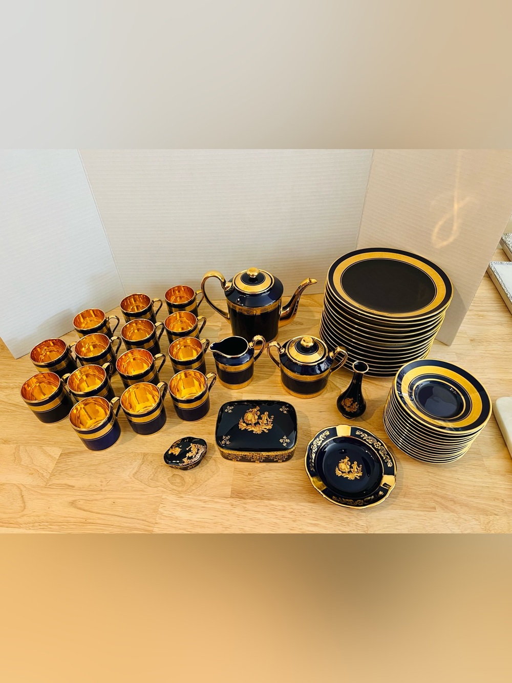 Vintage Limoges Legle France 50+Pc Dessert & Coffee Service for 14 Cobalt & Gold
